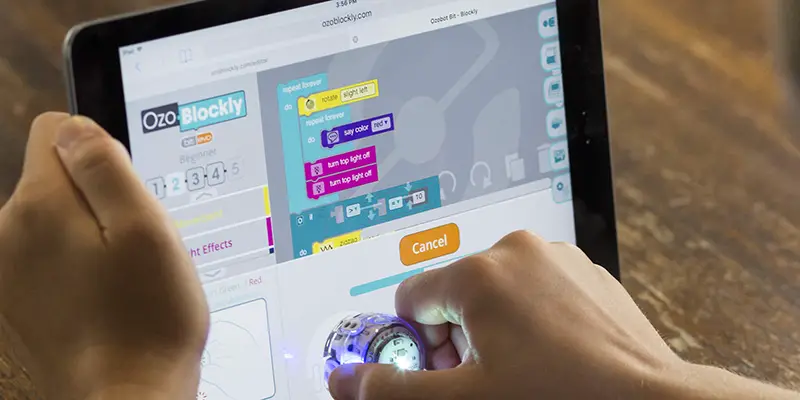 The Ozoblockly programming language is used for the Ozobot toy coding robot.