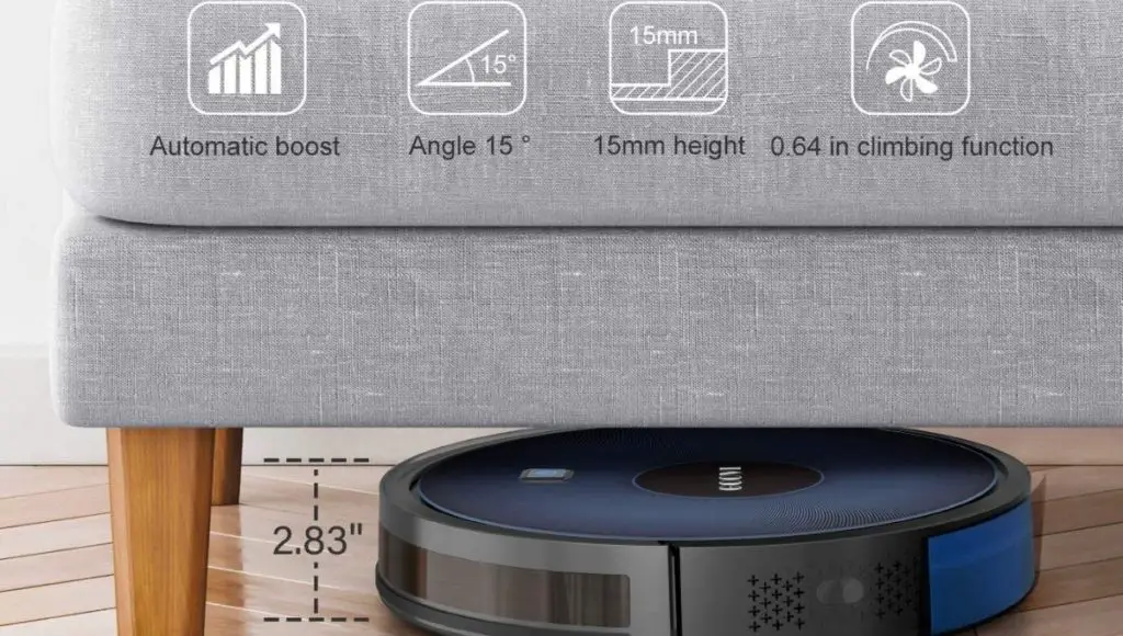 Goovi d380 robot vacuum is only 2.83 inch, so easily clean the dust and debris under all kinds of furniture
