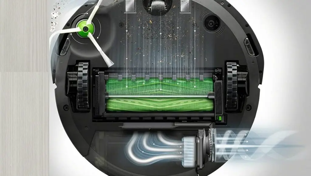 Roomba i6 plus cleaning dirt and messes with a premium 3-stage cleaning system and 10x the power-lifting suction
