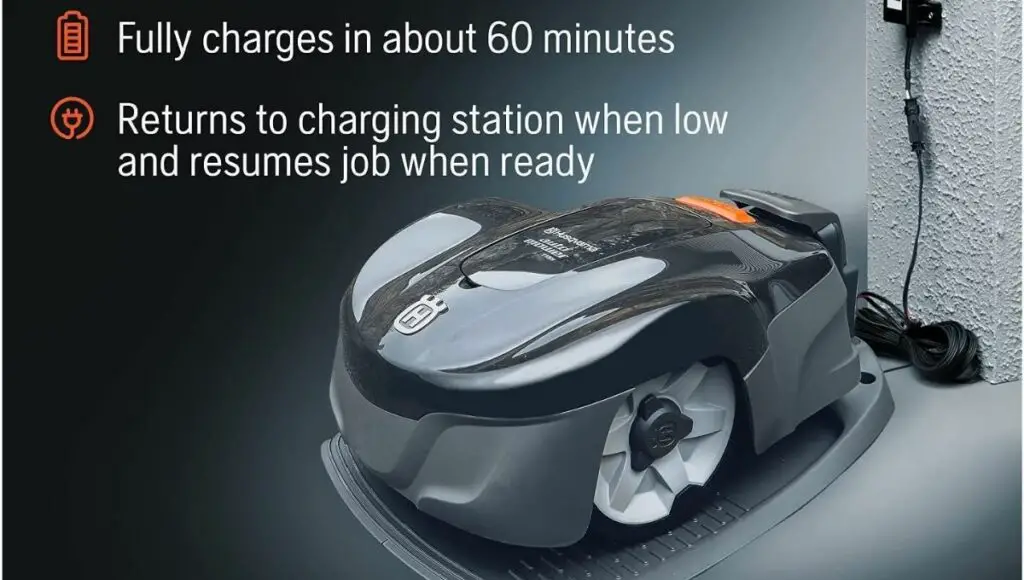 Husqvarna 115h and husqvarna 315x robotic lawn mower returning to their charging station when it’s running low.
