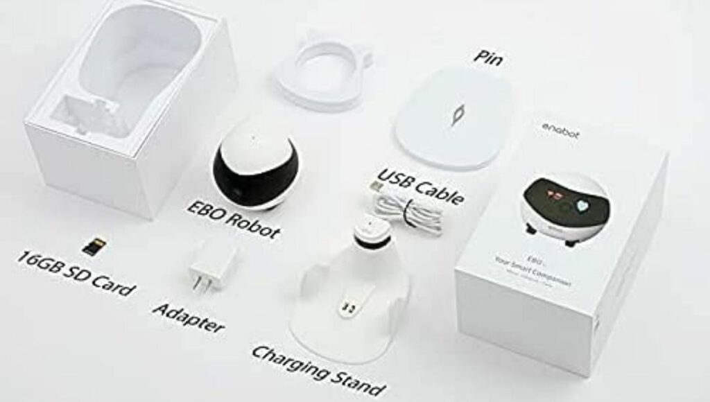 Enabot ebo se robot toyes package has included in a ebo robot, charger, pin, sd card, adapter and charging stand