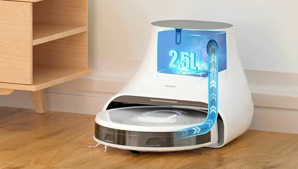 Neabot q11 robotic vacuum can automatically deposit the debris in the dust box