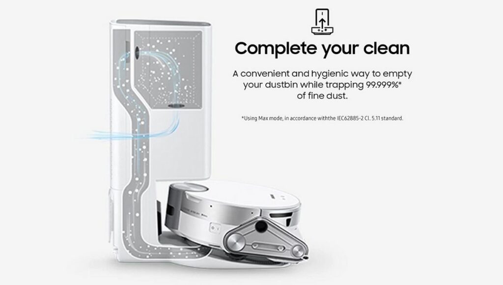 Samsung jet bot ai+ identifies clean station and removes dust using air pulse technology