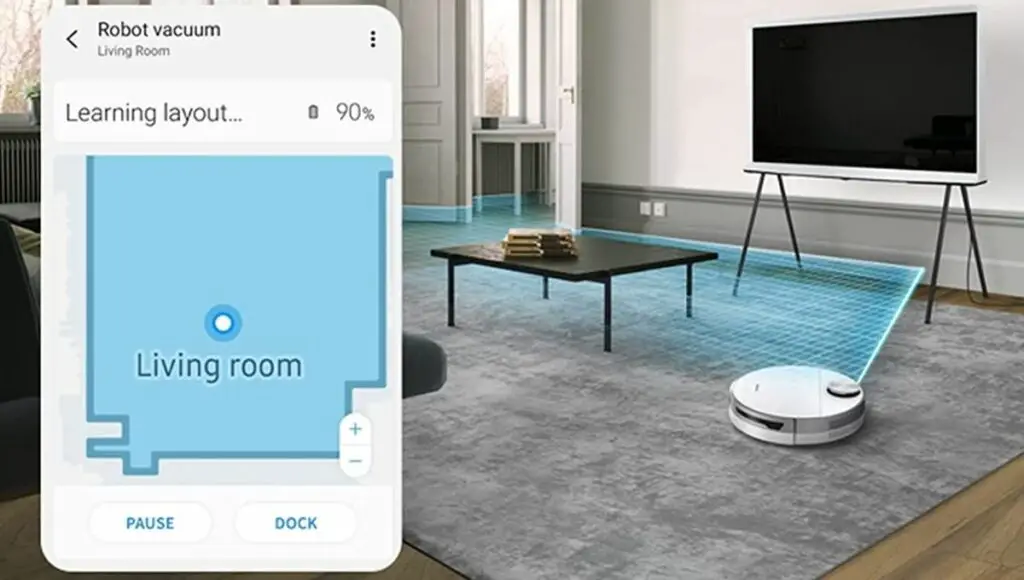 A samsung jet bot+ robot vacuum doing mapping a living room