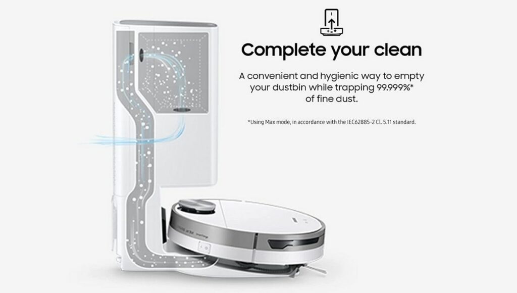 Samsung jet bot+ identifies clean station and removes dust using air pulse technology
