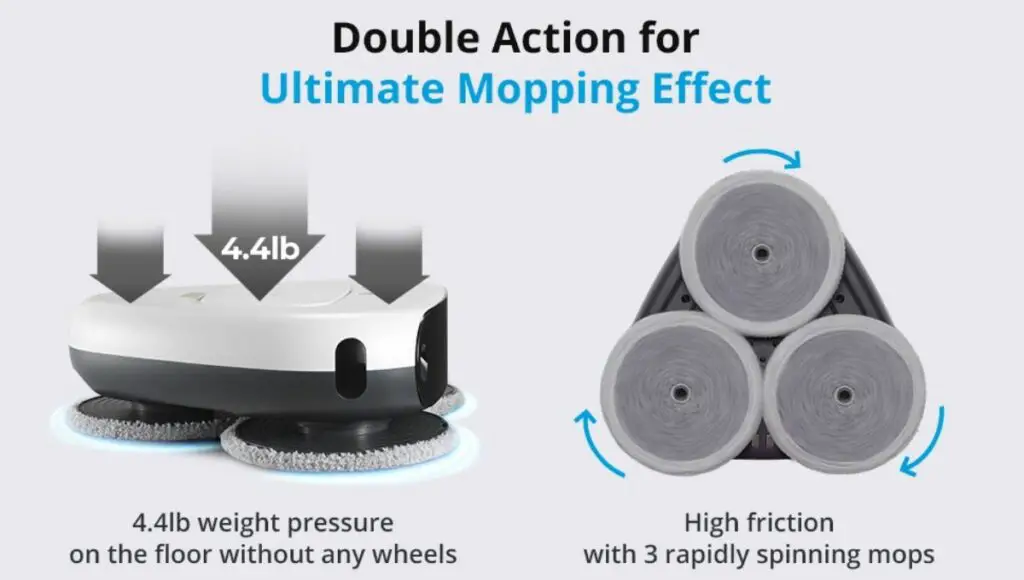 Everybot three spin robot mop has 3 powerful mop discs that create high friction on the floor for extra clean effect