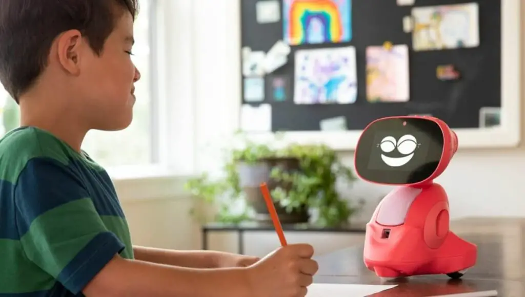 A kid learn and playing with miko 3 smart robot