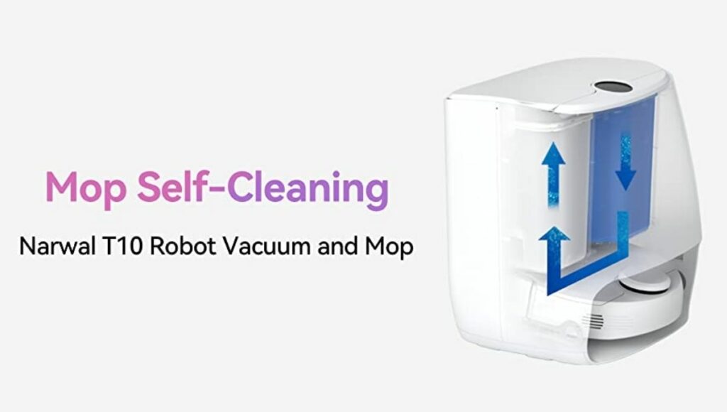Narwal T10 mopping robot vacuum periodically returns to its base station to clean its microfiber mops on its own