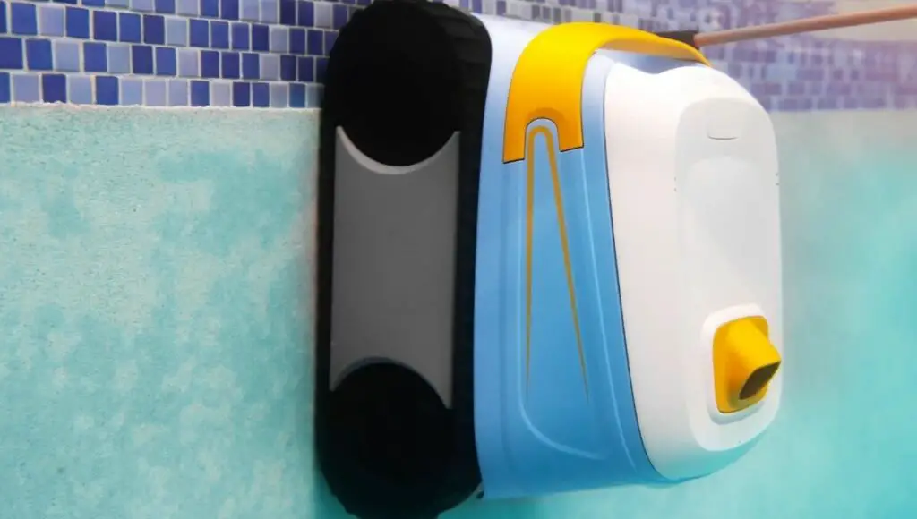 An aqua product evo614iq robotic pool cleaner cleaning the walls of the swimming pool