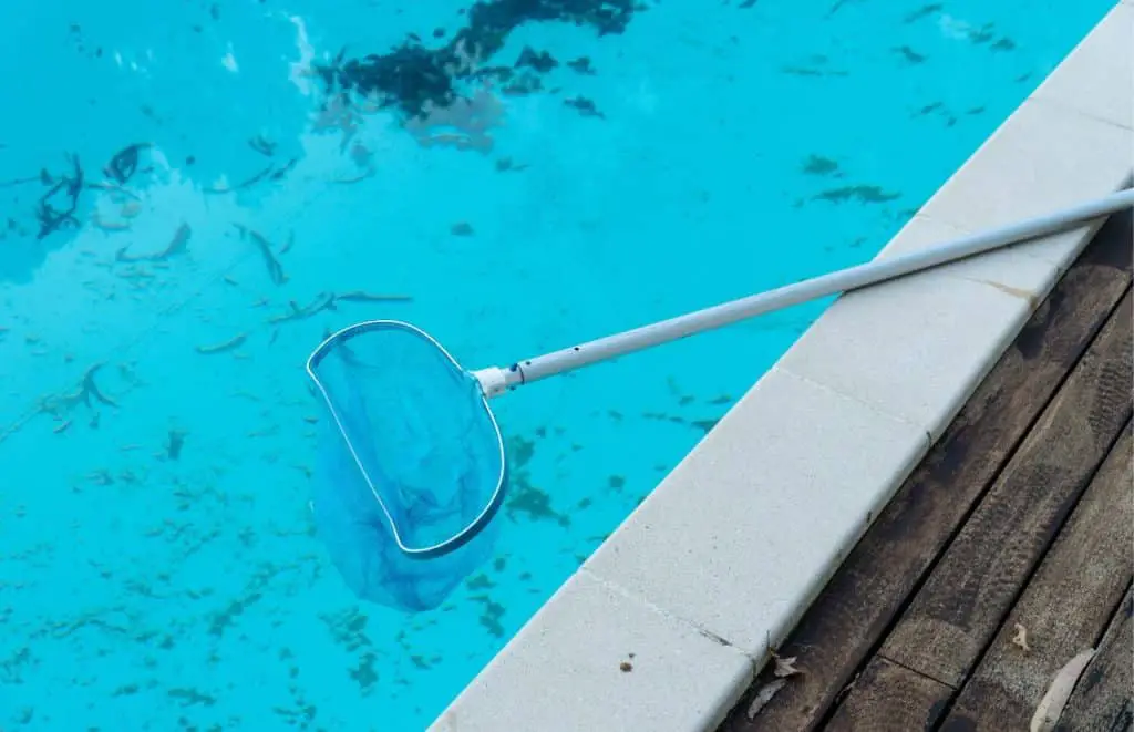 A dirty swimming pool with a cleaning net sitting on the edge