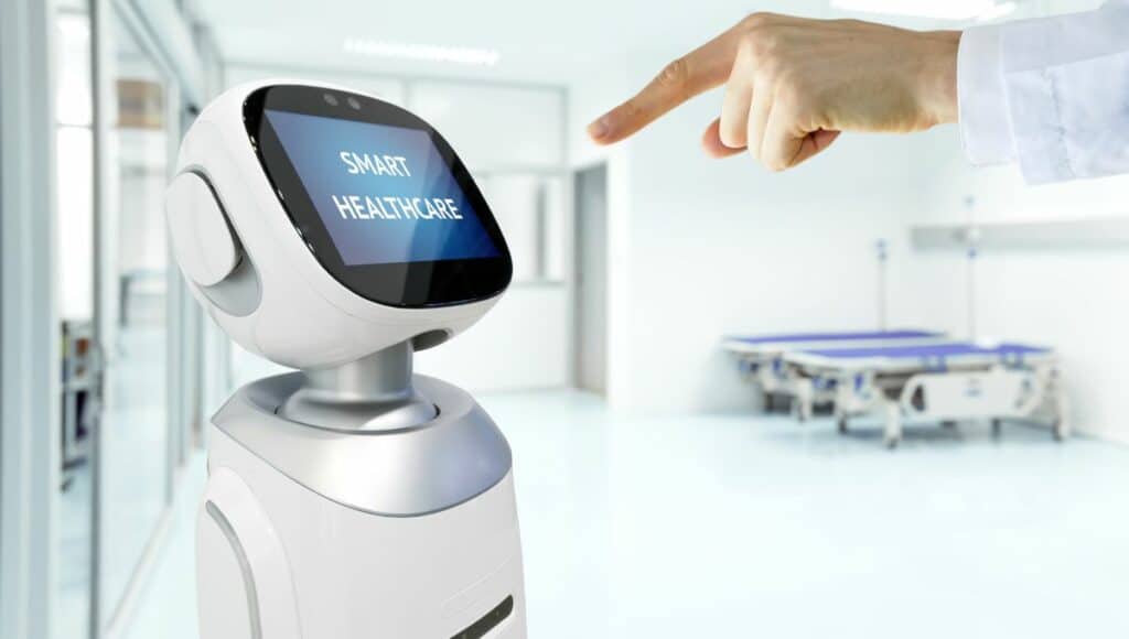 Doctor finger points to the healthcare robot