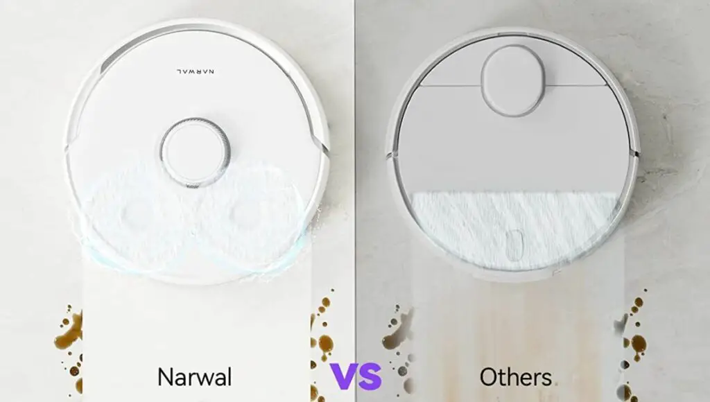 Comparison scene of narwal freo and other mop robots mopping the tiles floor