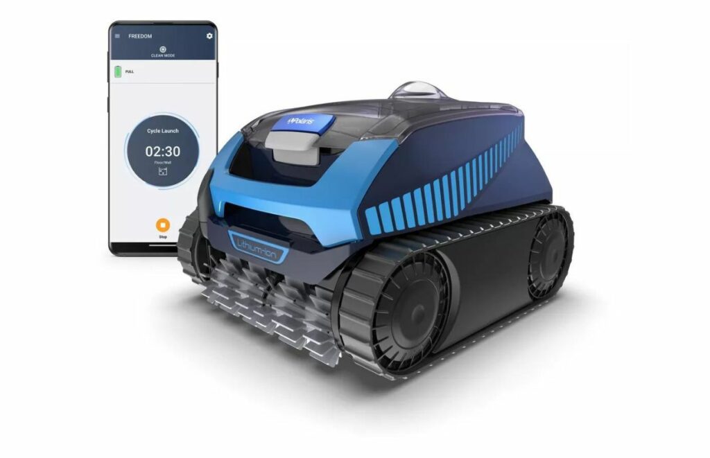 The side view of the Polaris FREEDOM Cordless Robotic Pool Cleaner with the app