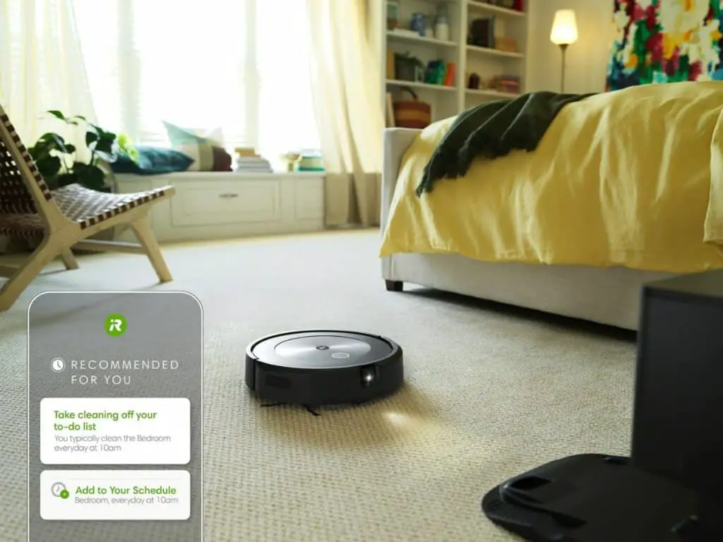 The iRobot app sending notifications and updates while the Roomab J7+ cleans a carpet