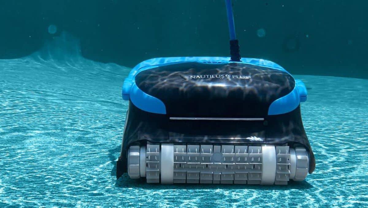 A robotic pool cleaner in a pool
